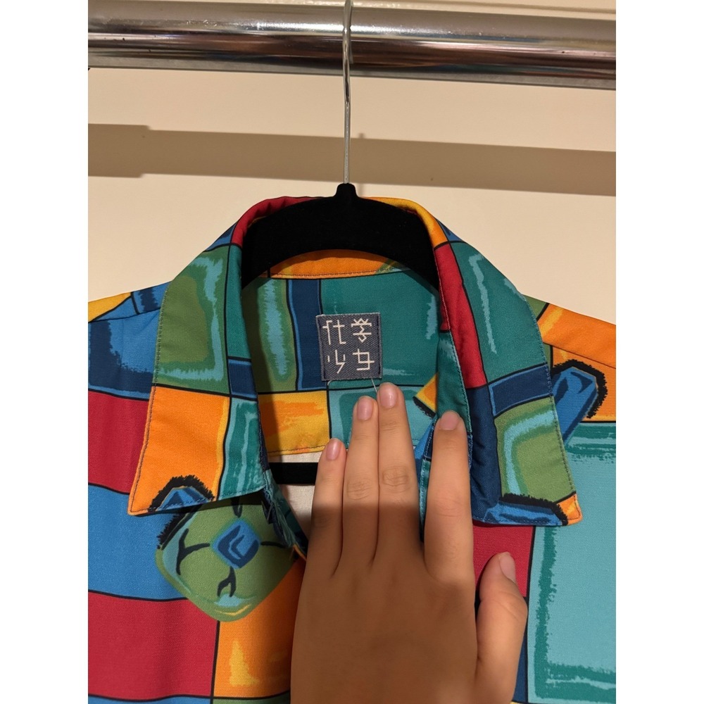 Colorful Patchwork Print Long Sleeve Button Down Shirt Abstract Art - Picture 2 of 4